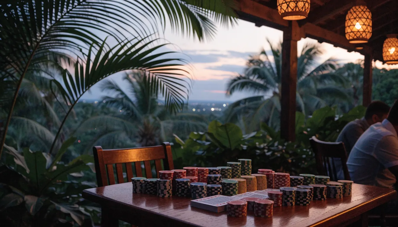 Tropisch terras in Costa Rica met casinofiches en kaarten bij schemering