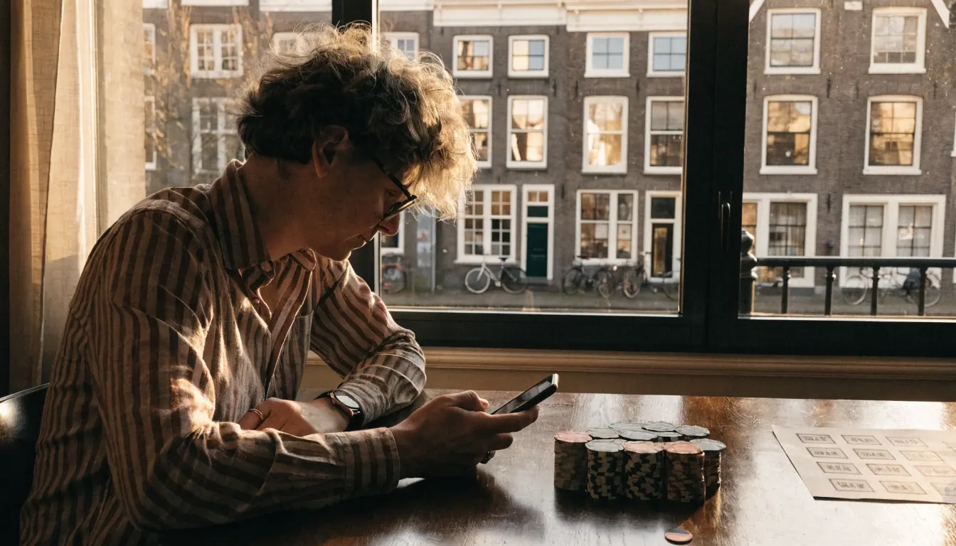 Nederlander met smartphone en casinofiches, Duitse vergunning op tafel