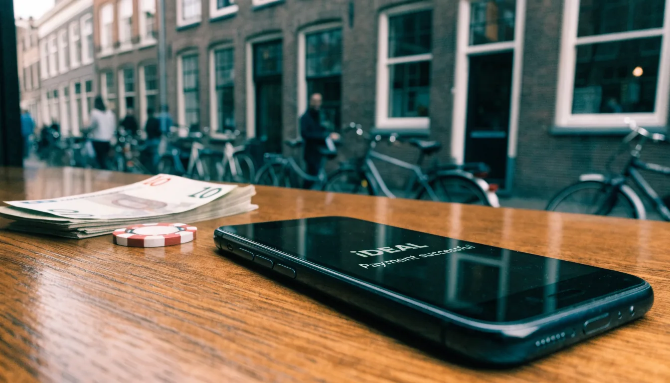 Smartphone met iDEAL-betaling op een tafel in een Nederlands café
