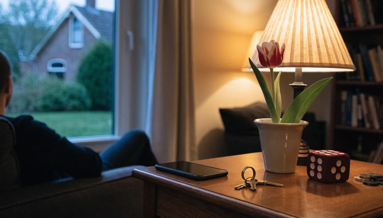 Sfeervolle Nederlandse woonkamer met telefoon en fiches op tafel