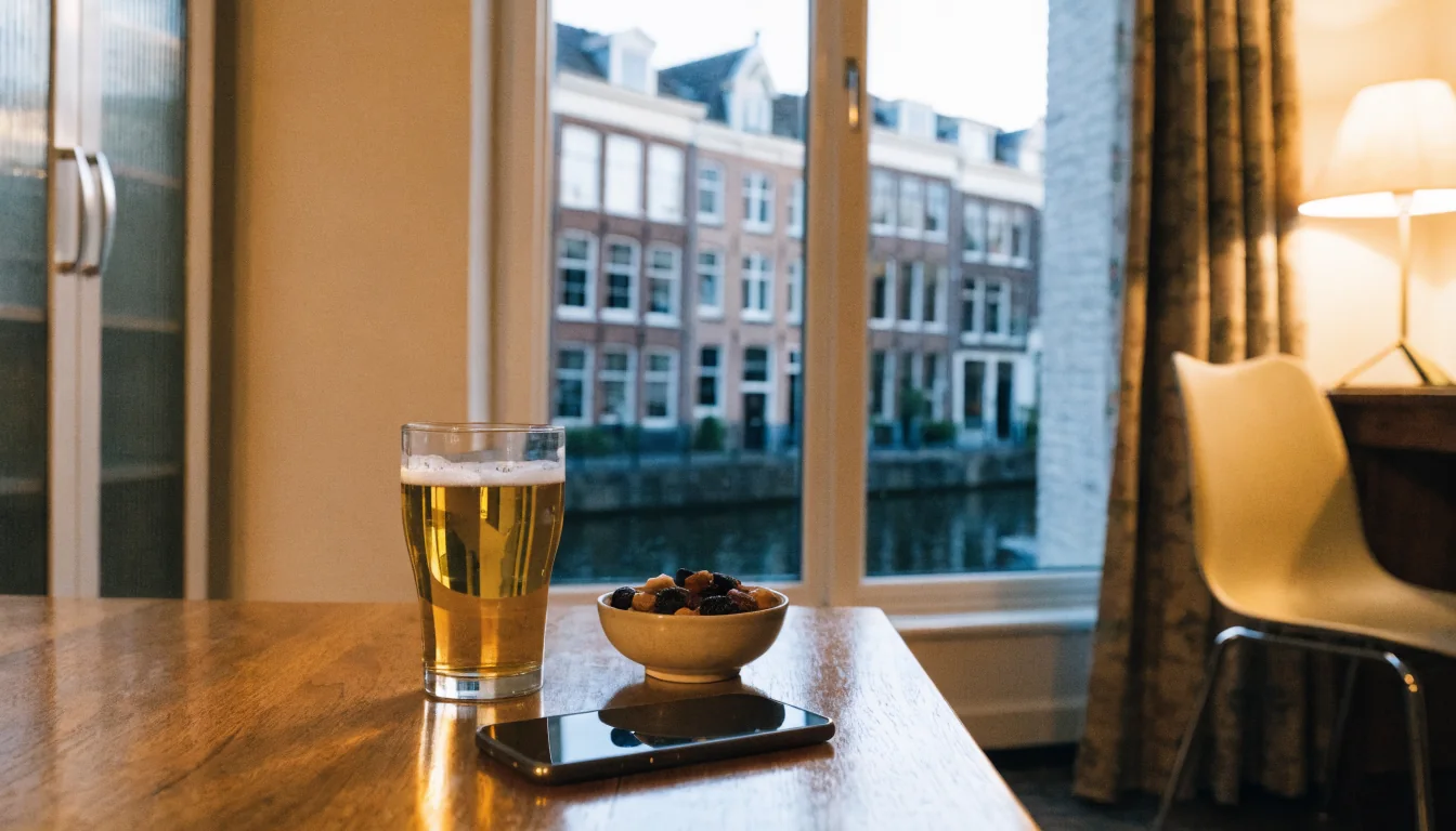 Avondtafel met biertje, snacks en telefoon in een gezellig Nederlands interieur