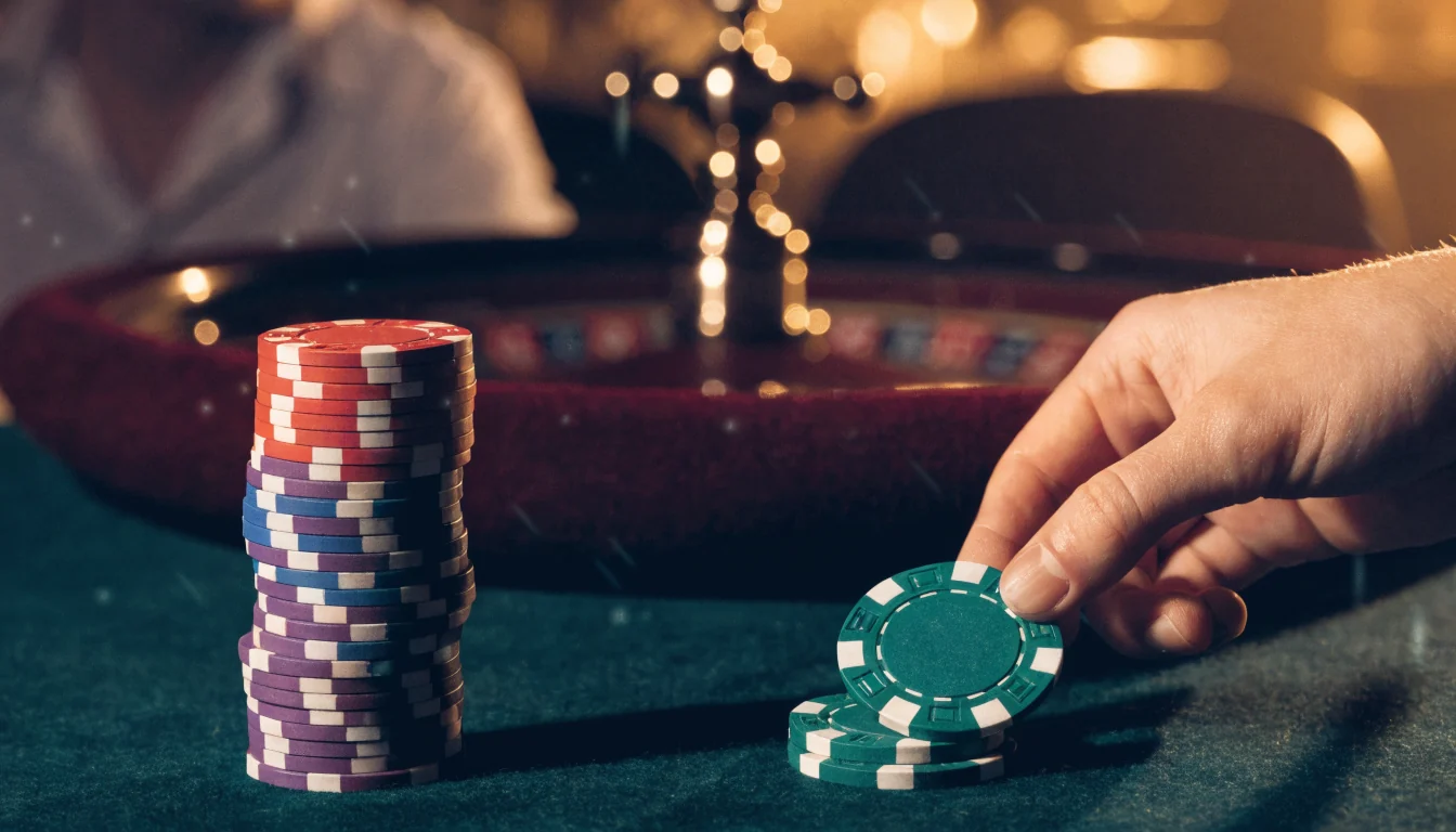 Casino tafel met stapels fiches en roulettewiel in warm licht