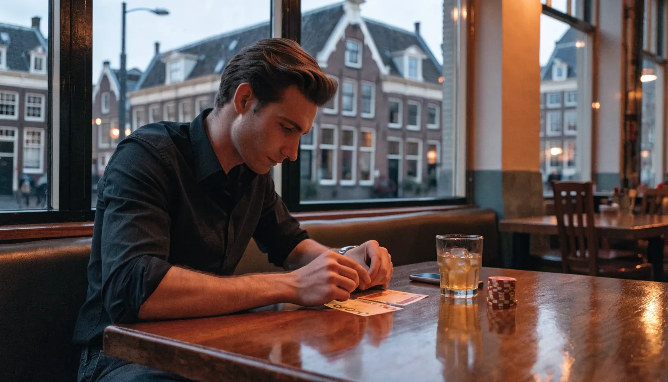 Nederlandse cafétafel met euro's, jenever en casinofiches bij avondlicht