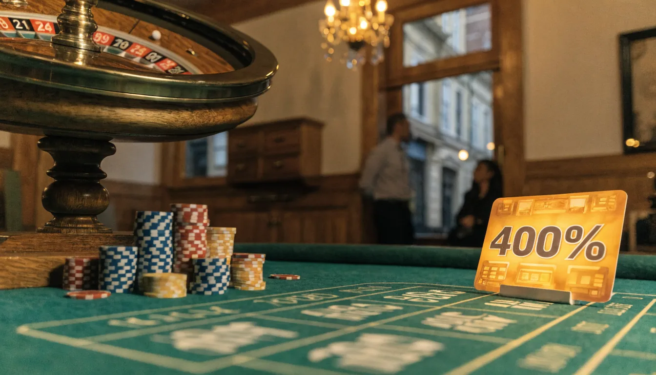 Roulette en casinofiches op een groene tafel met een bonuskaart met 400% in een klassiek casino-interieur.