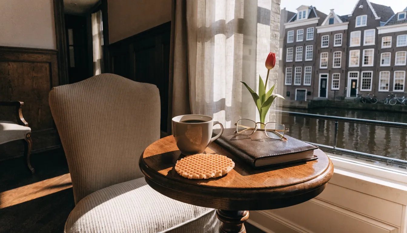 Knus Nederlands interieur met koffie, stroopwafel en tulp aan tafel