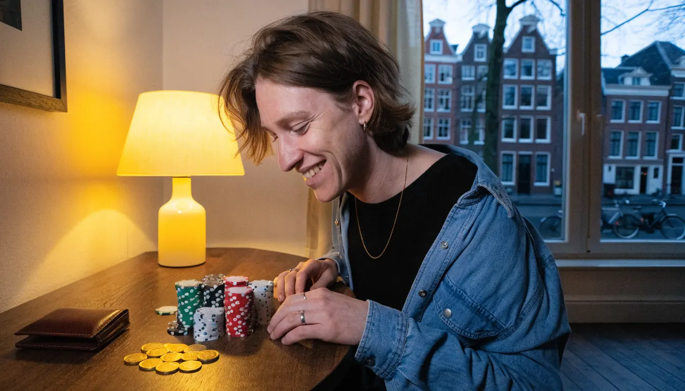 Nederlander aan tafel met casinofiches en bonusmunten