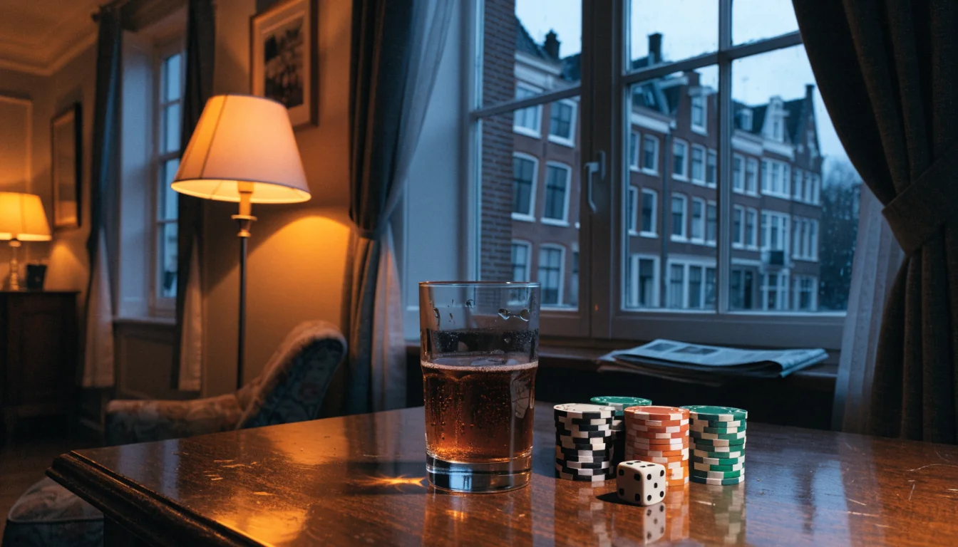Sfeervolle Nederlandse huiskamer met casinofiches op tafel bij avondlicht