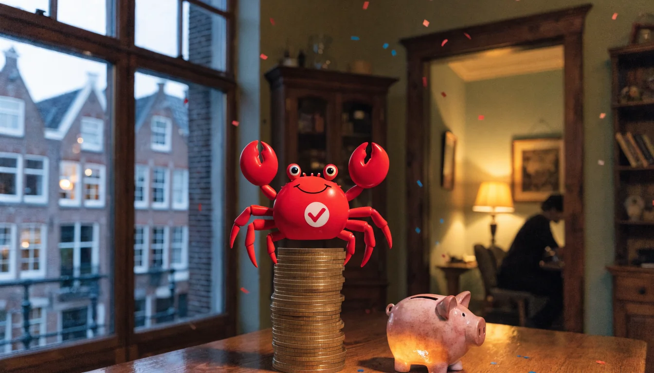 Bonus Crab-mascotte op gouden munten naast een spaarpot in een Nederlands interieur
