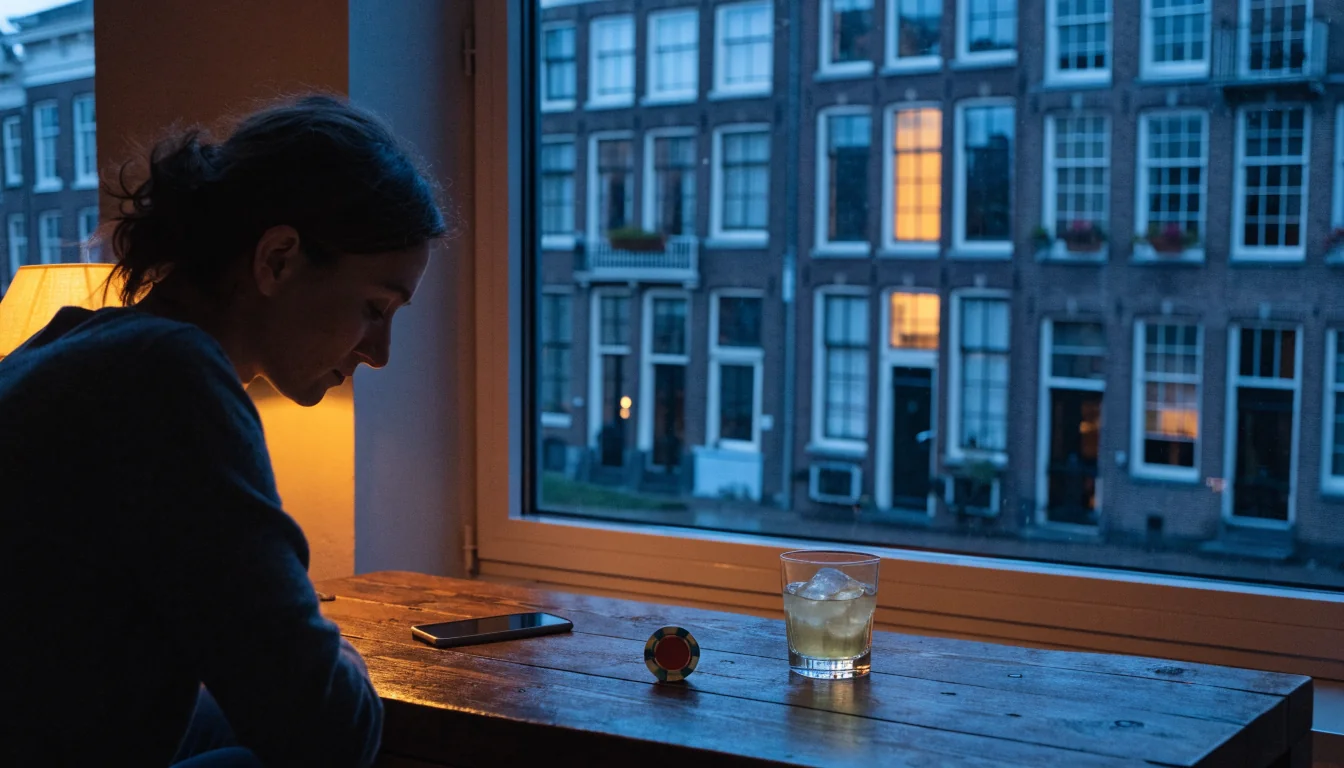 Persoon in Amsterdamse woning overweegt online casino keuze bij schemering
