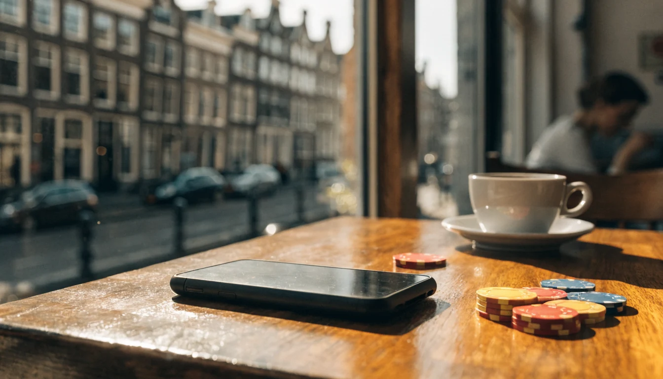 Welkomstchips en telefoon op tafel in een Nederlands café.
