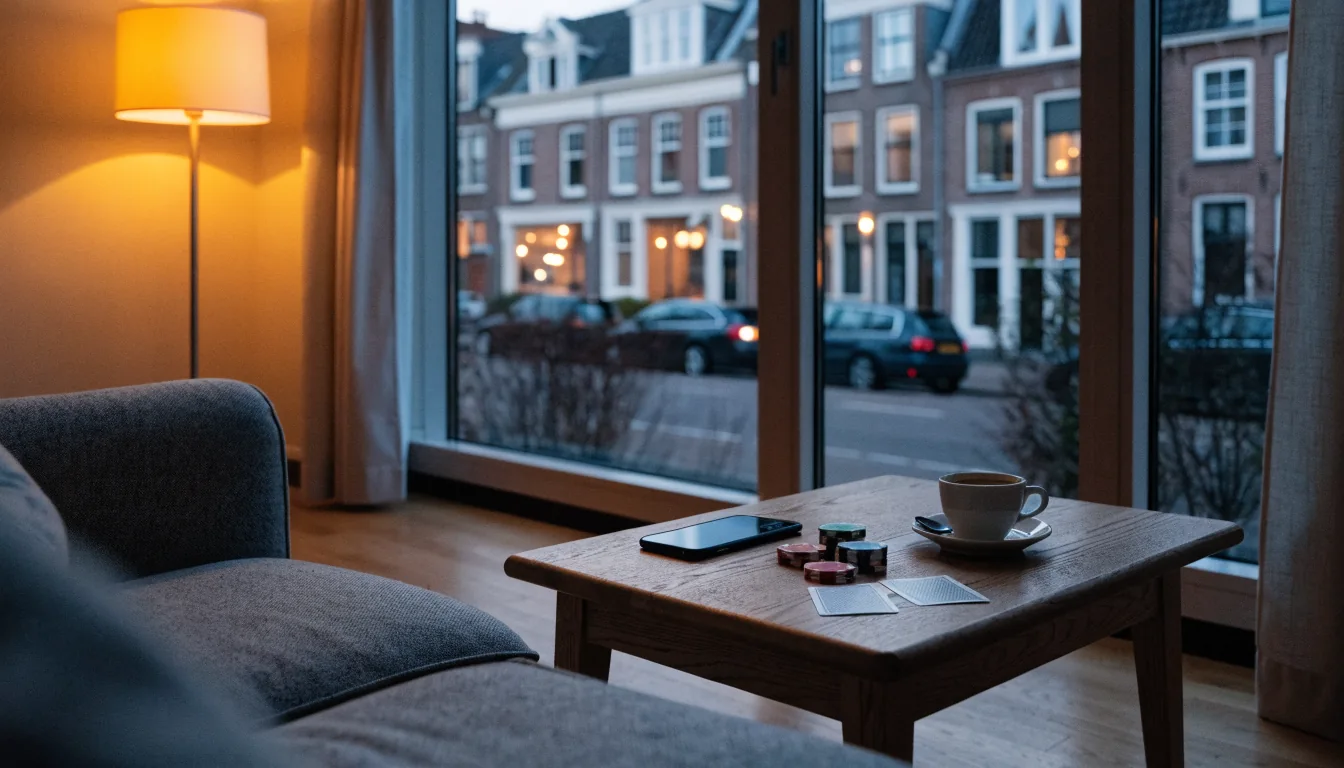 Sfeervol Nederlands interieur met smartphone, casinofiches en speelkaarten op salontafel
