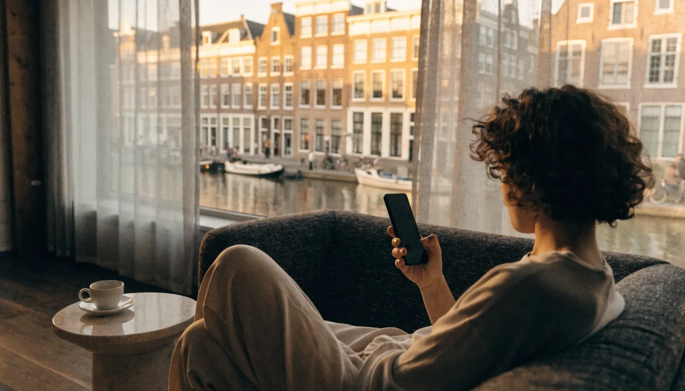 Persoon met smartphone in modern Nederlands appartement, geen registratie nodig.
