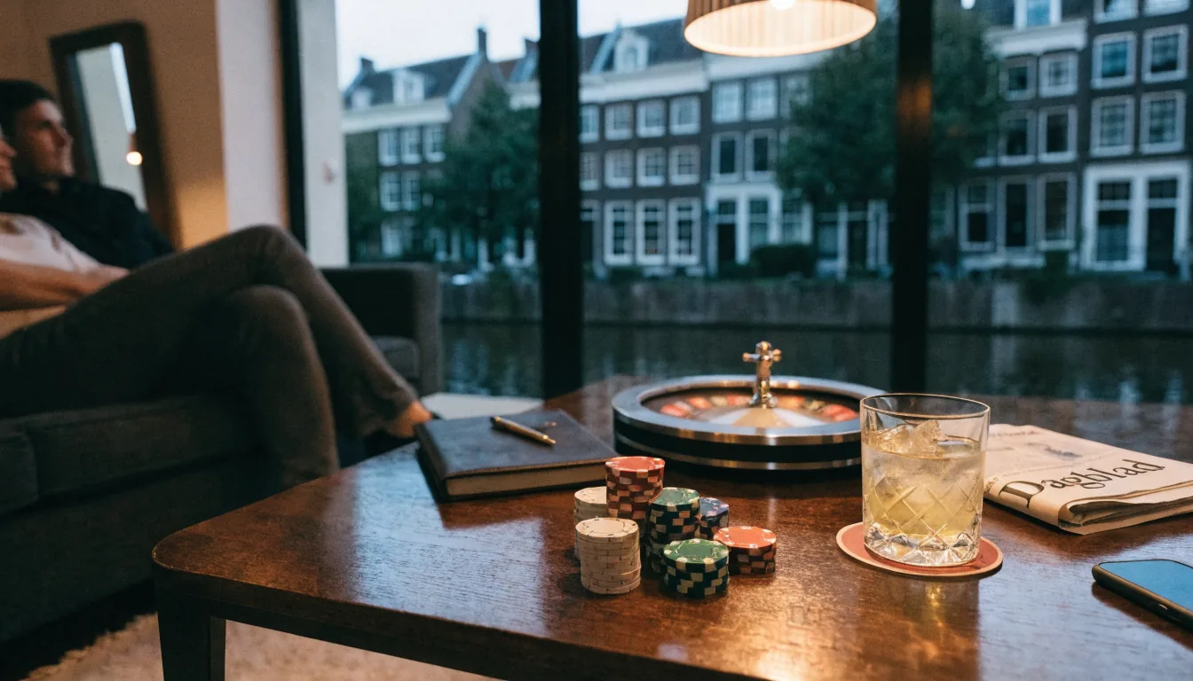 Sfeervolle Amsterdamse woonkamer met casinofiches en roulettewiel op tafel.