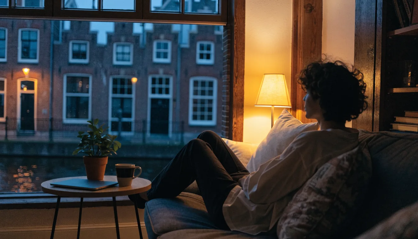 Nederlandse man ontspant thuis met gesloten laptop in warme woonkamer.