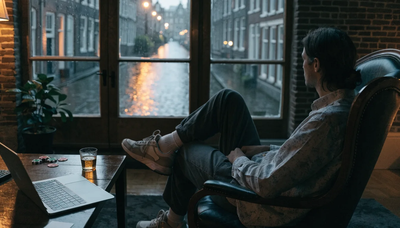 Persoon in modern Amsterdamse huiskamer met pokerchips en laptop aan tafel.