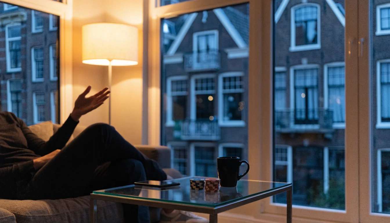 Sfeervolle Nederlandse huiskamer met casinofiches op tafel en grachtenpand achter het raam.