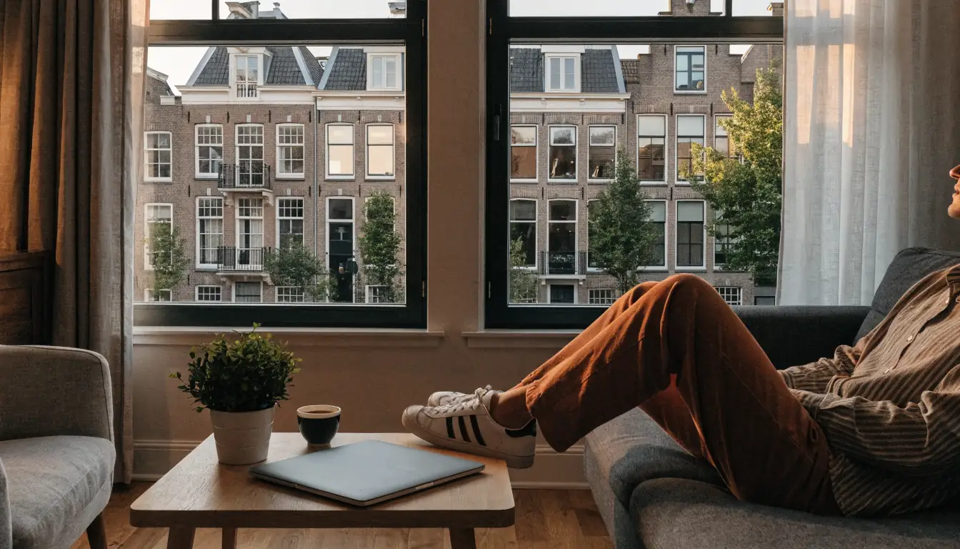 Nederlandse huiskamer met laptop en koffie, ontspannen avond bij raam met grachtenpanden.