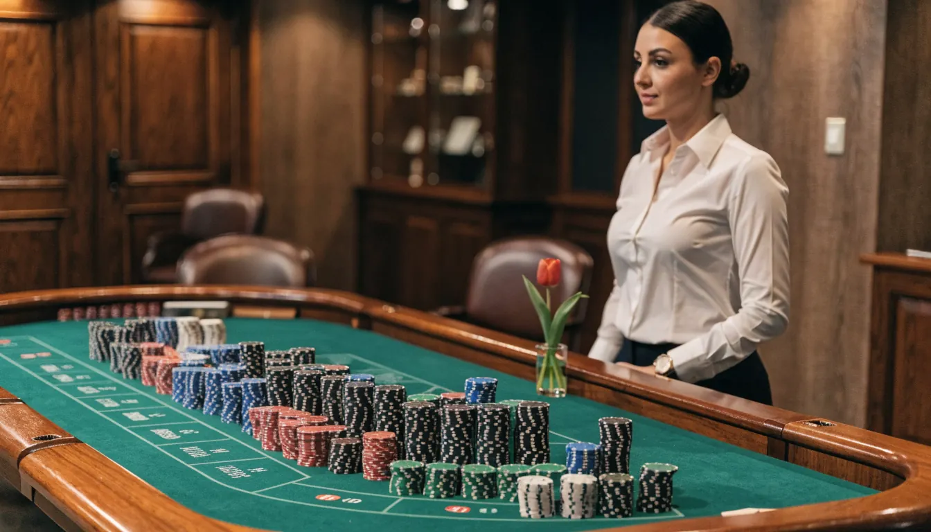Live dealer casinostudio met professioneel croupier en blackjacktafel in Nederlandse setting