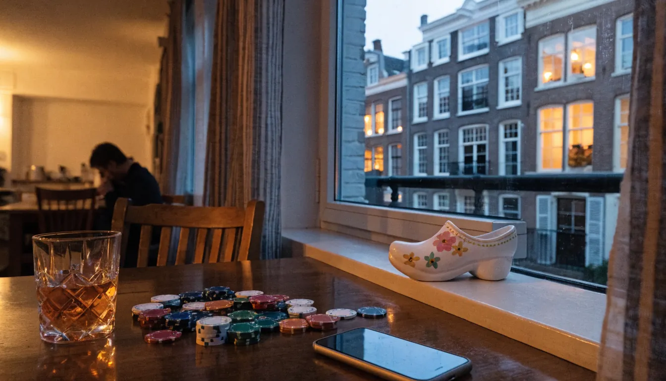 Hollandse huiskamer met pokerchips en jenever aan tafel