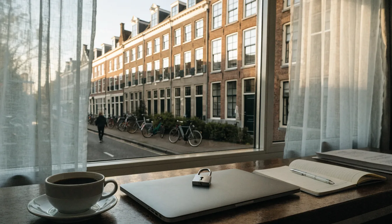 Gesloten laptop met hangslot op een bureau, met zicht op grachtenhuizen in Nederland.