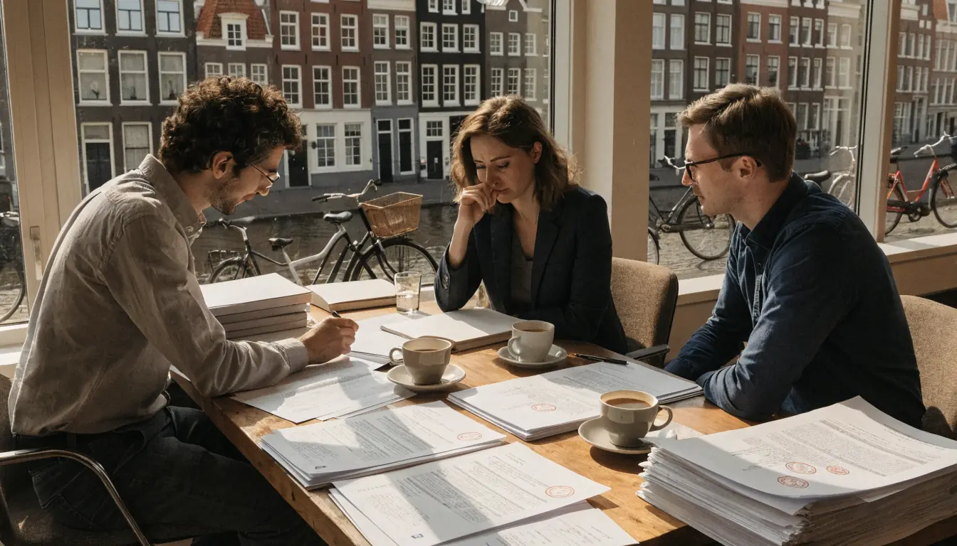 Redactie aan het werk in een kantoor met uitzicht op een Amsterdamse gracht