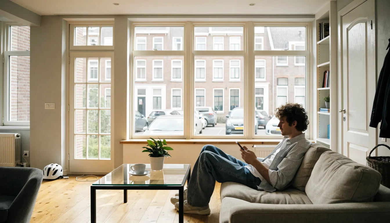 Nederlander op de bank met telefoon naast koffie
