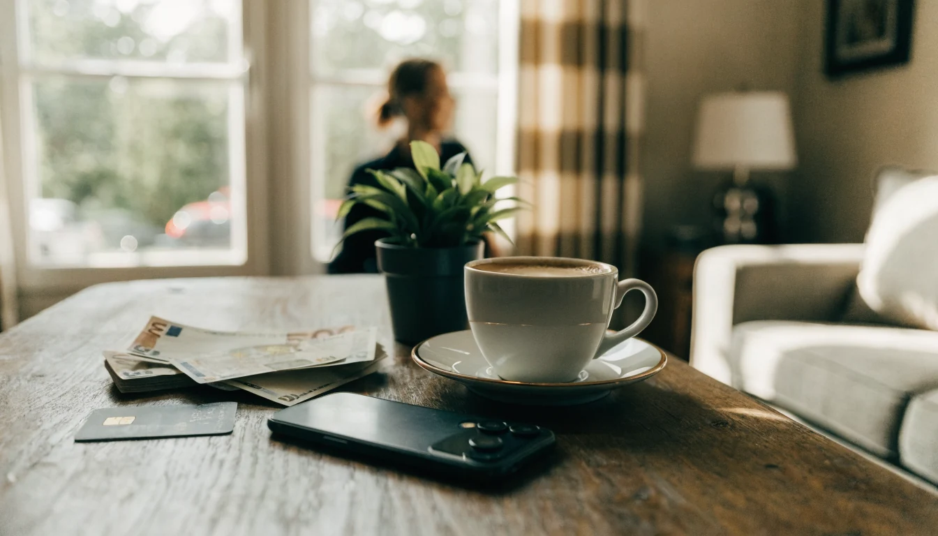 Smartphone op tafel met eurobiljetten en koffie in een huiskamer.