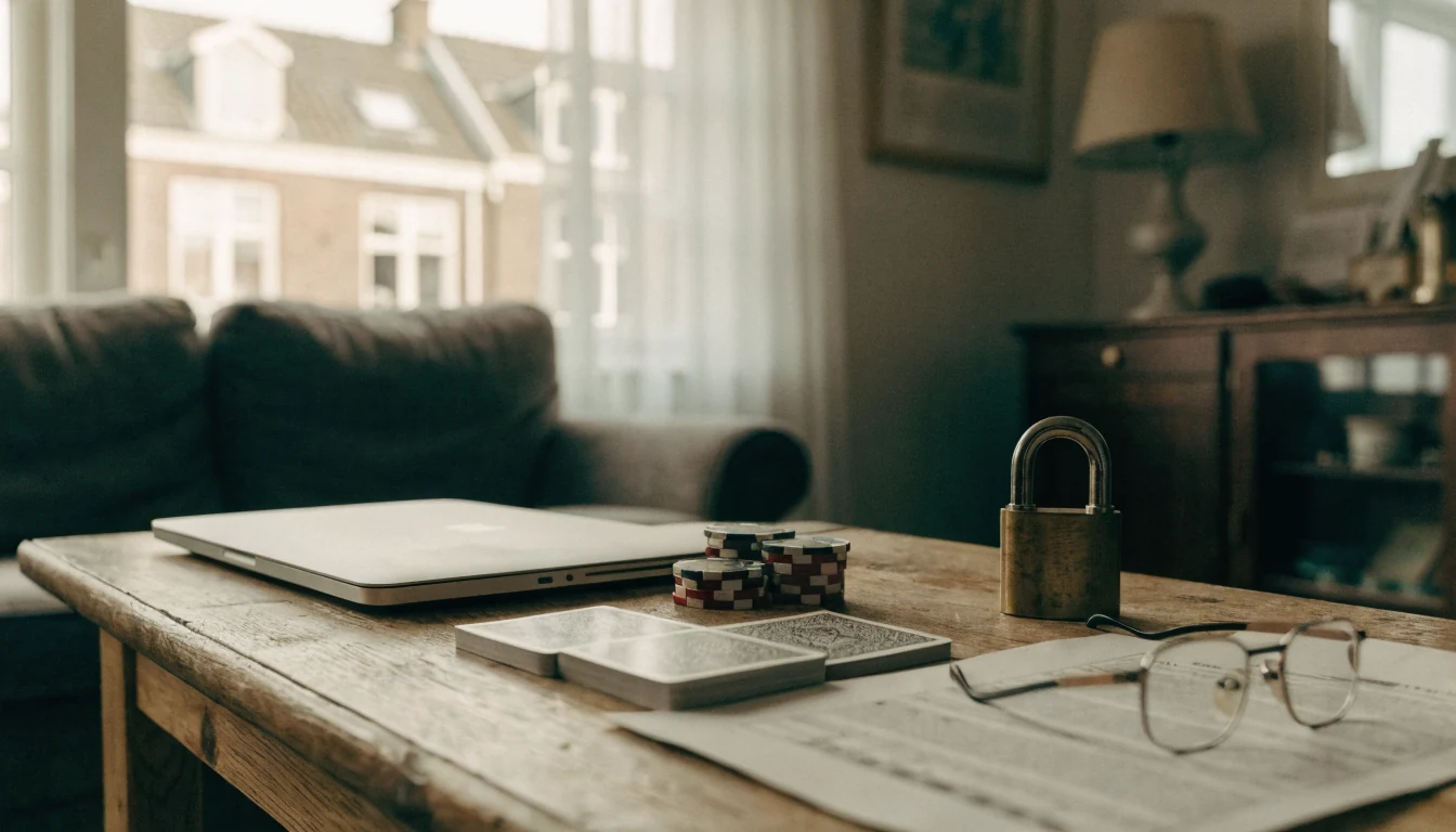 Houten tafel met gesloten laptop, casinofiches, speelkaarten en hangslot