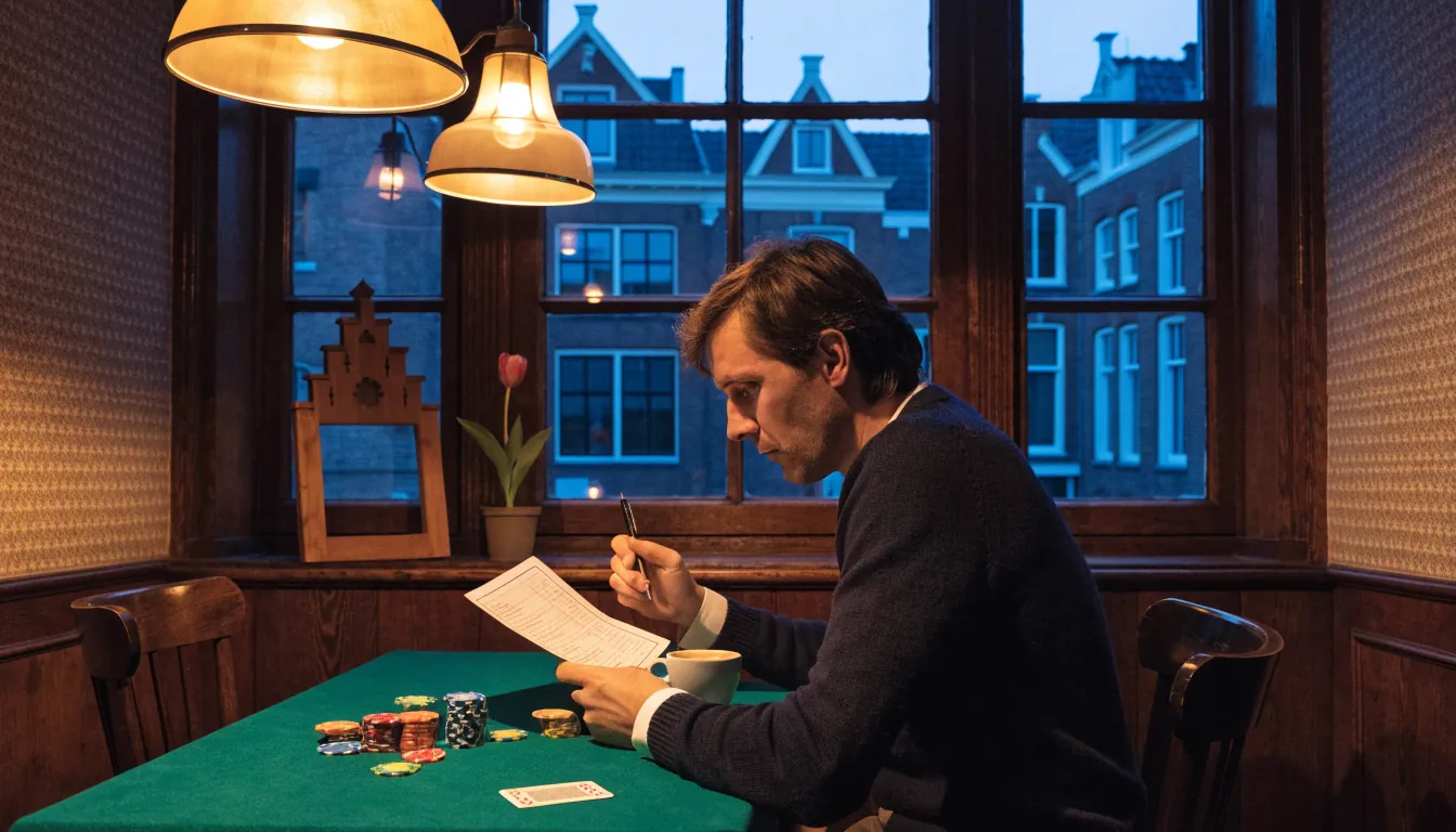 Sfeer van een Nederlands café met speeltafel en fiches aan de Amsterdamse gracht.