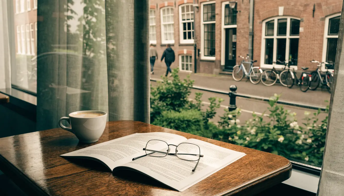 Informatieve brochure met leesbril op een tafel bij een raam met uitzicht op een Amsterdamse gracht.