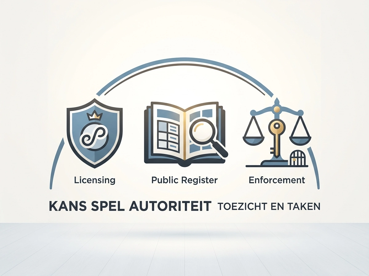 Overzicht van de kerntaken van de Kansspelautoriteit met pictogrammen voor vergunnen, registreren en handhaven