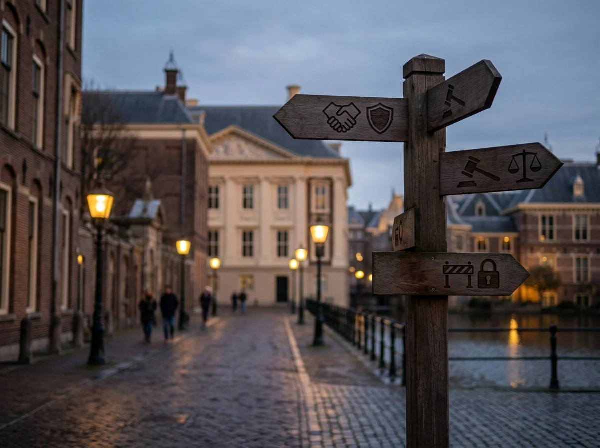 Wegwijzer die richting strengere kansspelregels wijst tegen een achtergrond van het Binnenhof in Den Haag